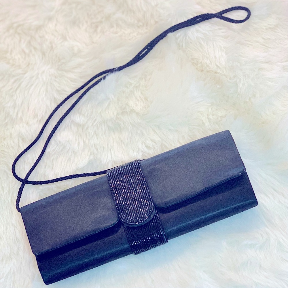 Vintage Glam Black Hand Beaded Evening Clutch Handbag w/Silver Chain Kate Landry